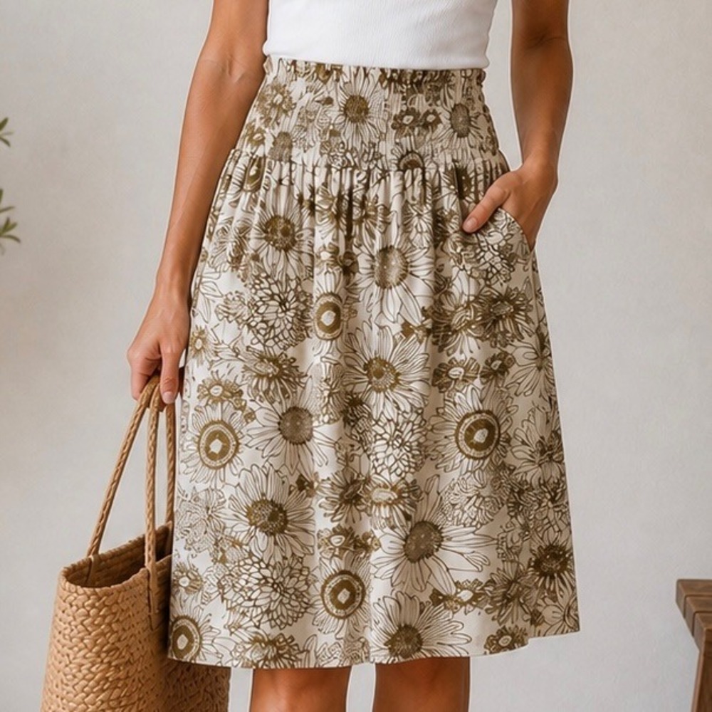 Kate Quinn Bamboo Viscose Floral Skirt Smocked Waist Boho Cottagecore‎ Size M